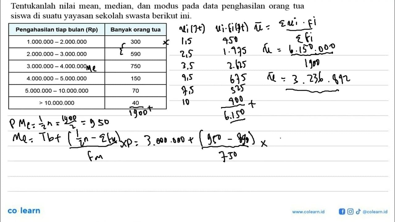 Tentukanlah nilai mean, median, dan modus pada data