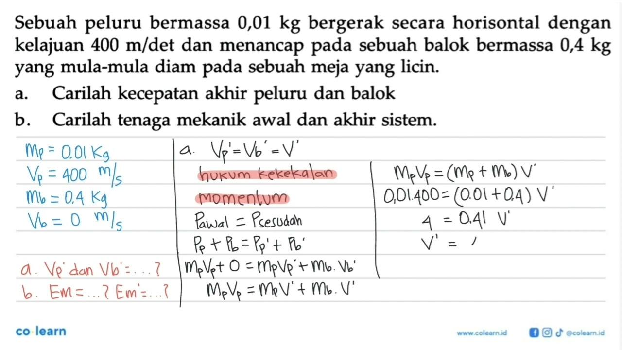 Sebuah peluru bermassa 0,01 kg bergerak secara horisontal