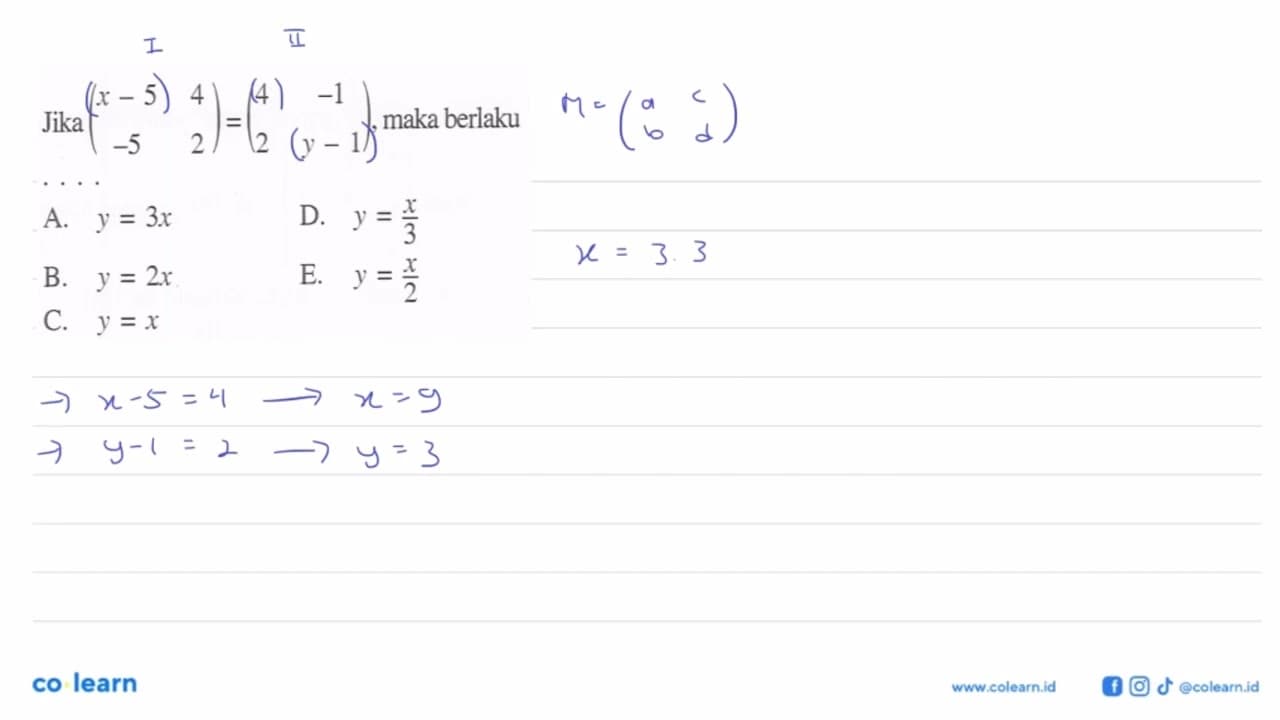 Jika (x-5 4 -5 2)=(4 -1 2 y-1), maka berlaku....