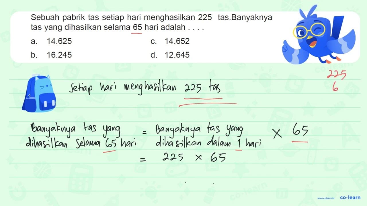 Sebuah pabrik tas setiap hari menghasilkan 225 tas.