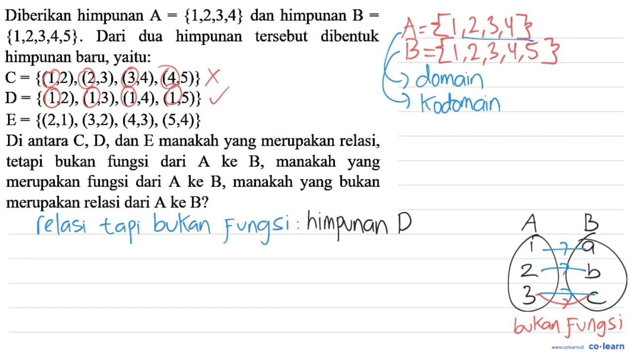 Diberikan himpunan A={1,2,3,4} dan himpunan B= {1,2,3,4,5}