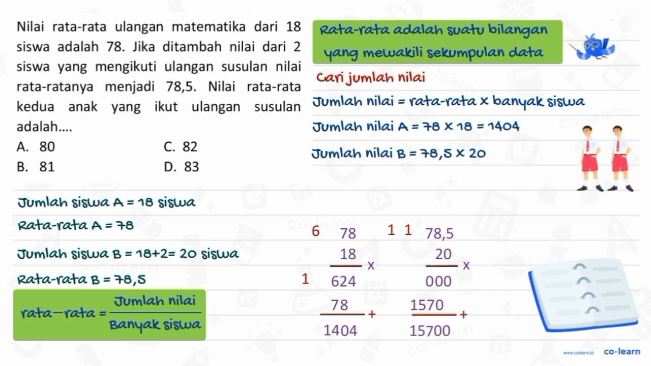 Nilai rata-rata ulangan matematika dari 18 siswa adalah 78.