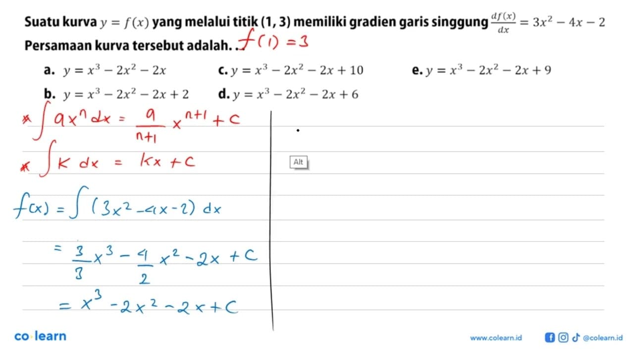 Suatu kurva y=f(x) yang melalui titik (1,3) memiliki