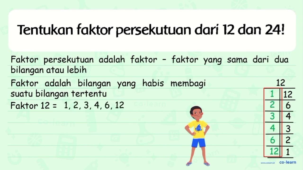 Tentukan faktor persekutuan dari 12 dan 24 !