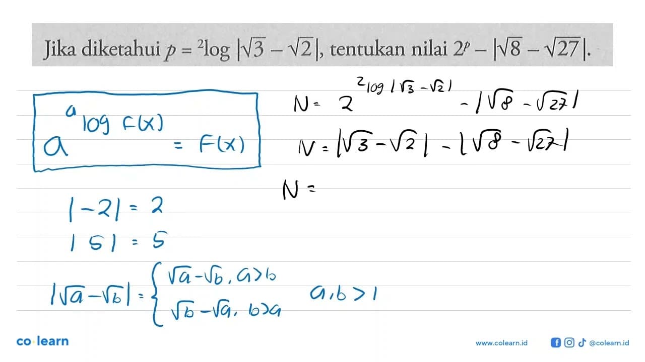 Jika diketahui p = 2log|akar(3)-akar(2)|, tentukan nilai