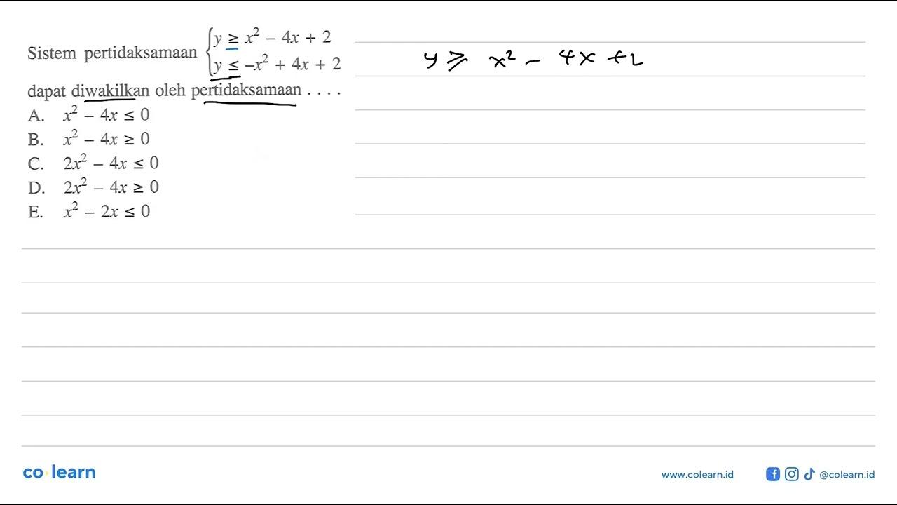 Sistem pertidaksamaan y>=x^2-4x+2 y>=-x^2+4x+2 dapat