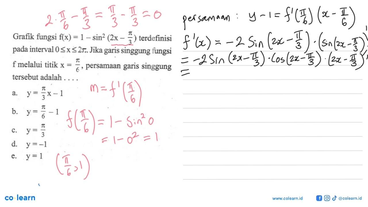 Grafik fungsi f(x)=1-sin^2(2x-pi/3) terdefinisi pada