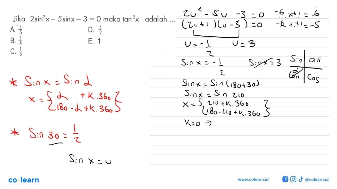 Jika 2sin^2 x- 5sinx - 3=0 maka tan^2 x adalah ...