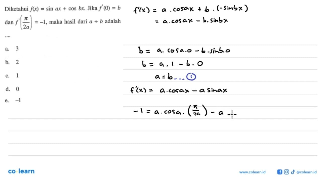 Diketahui f(x)= sin ax+cos bx. Jika f'(0)=b dan