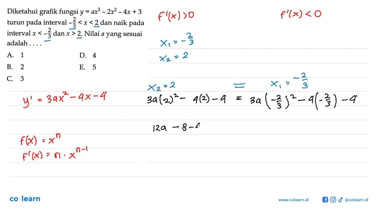 Diketahui grafik fungsi y=ax^3-2x^2-4x+3 turun pada