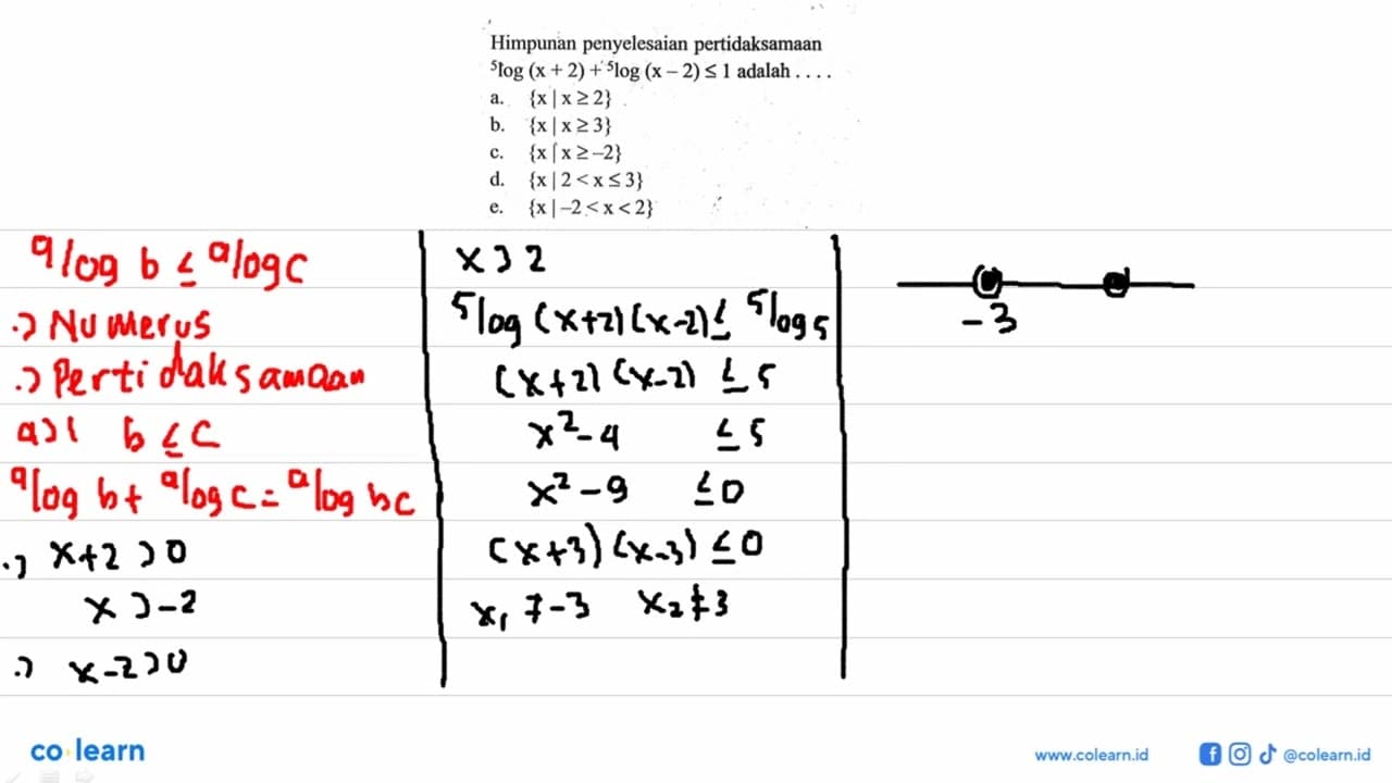 Himpunan penyelesaian pertidaksamaan 5log(x+2)+5log(x-2)<=1