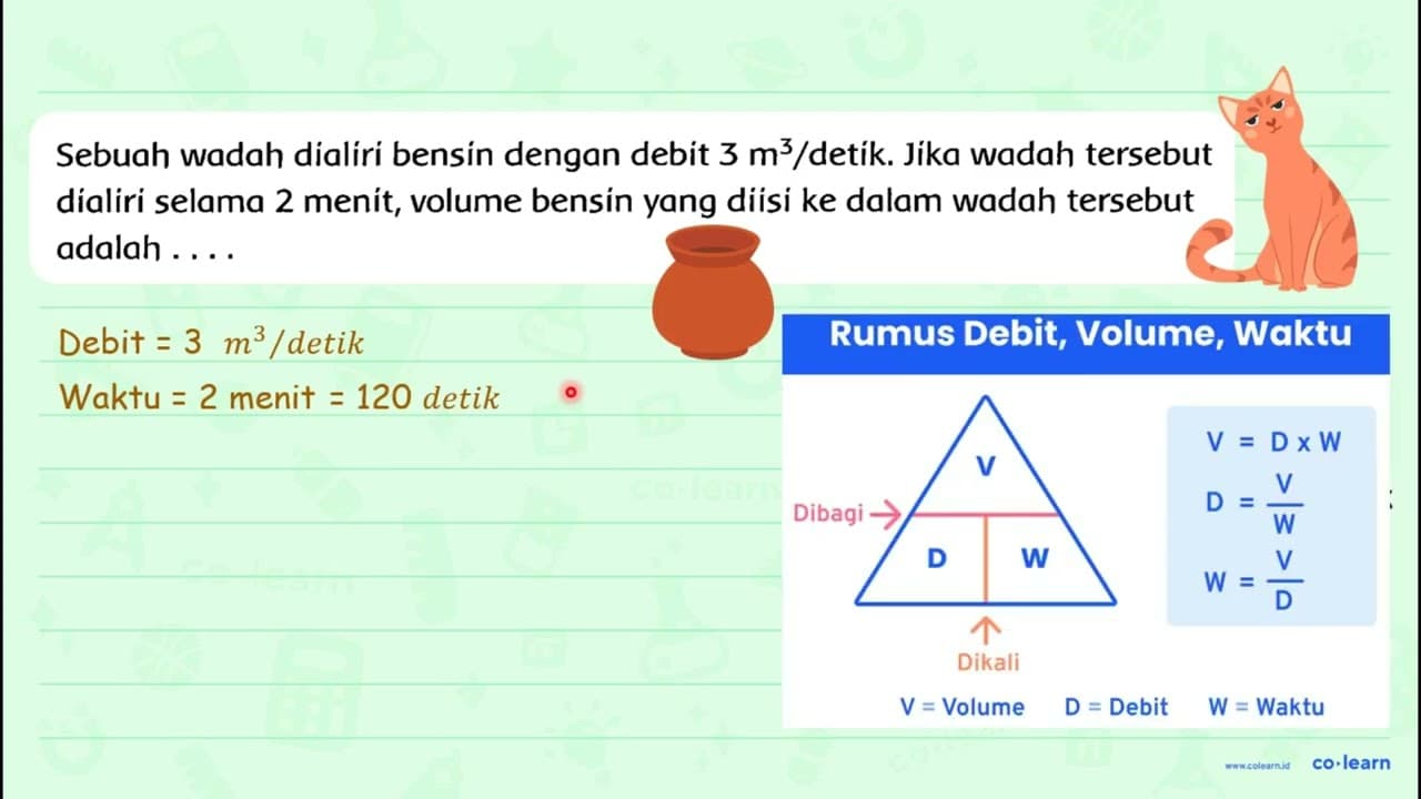 Sebuah wadah dialíi bensin dengan debit 3 m^(3) / detík.