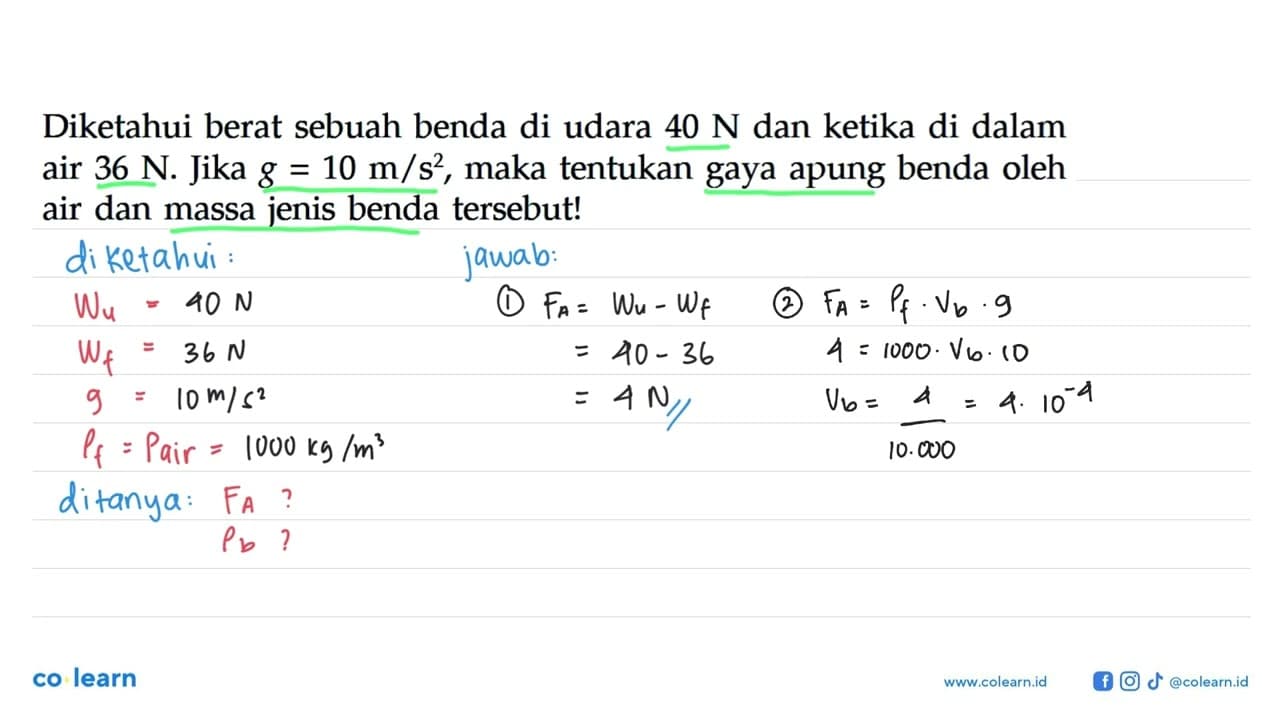 Diketahui berat sebuah benda di udara 40 N dan ketika di