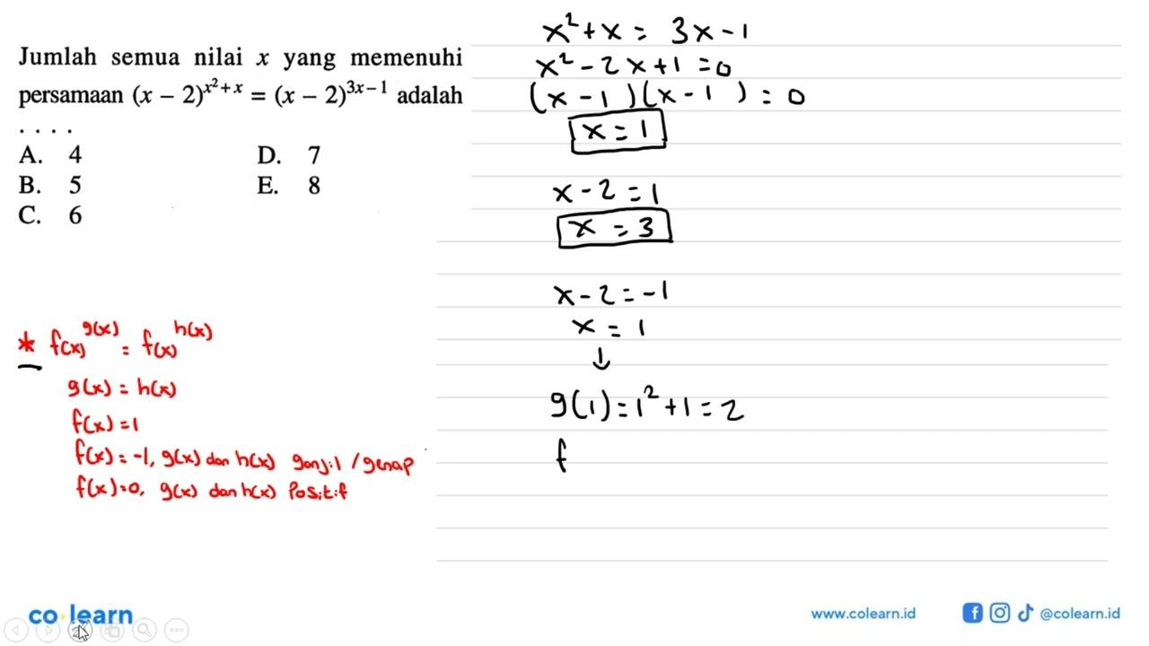 Jumlah semua nilai x yang memenuhi persamaan