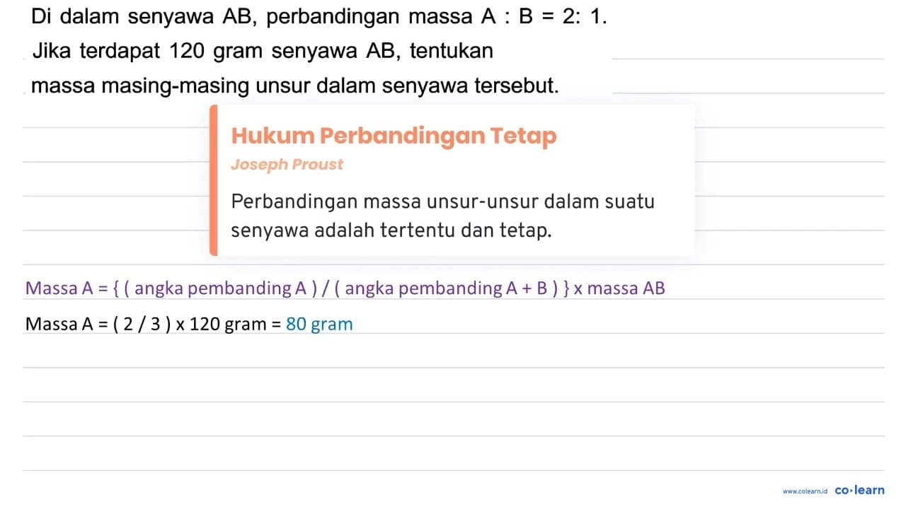 Di dalam senyawa A B , perbandingan massa A: B=2: 1 . Jika