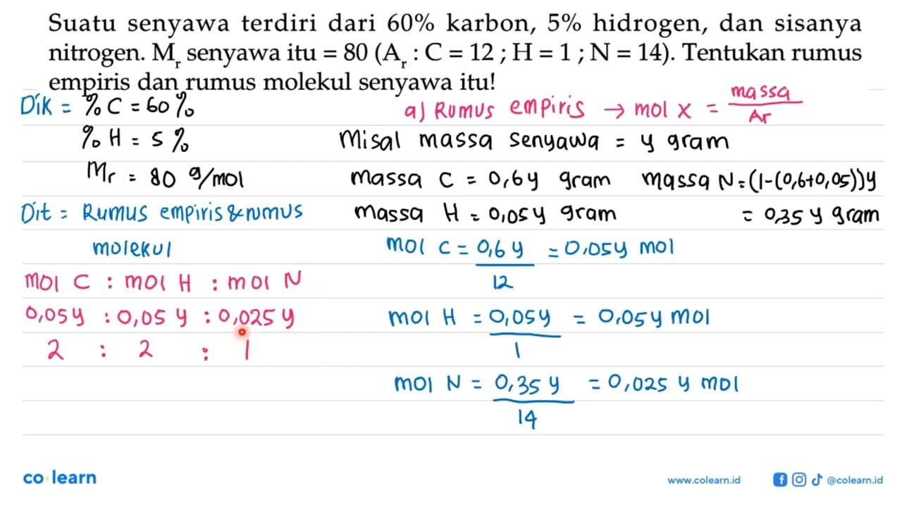 Suatu senyawa terdiri dari 60% karbon, 5% hidrogen, dan