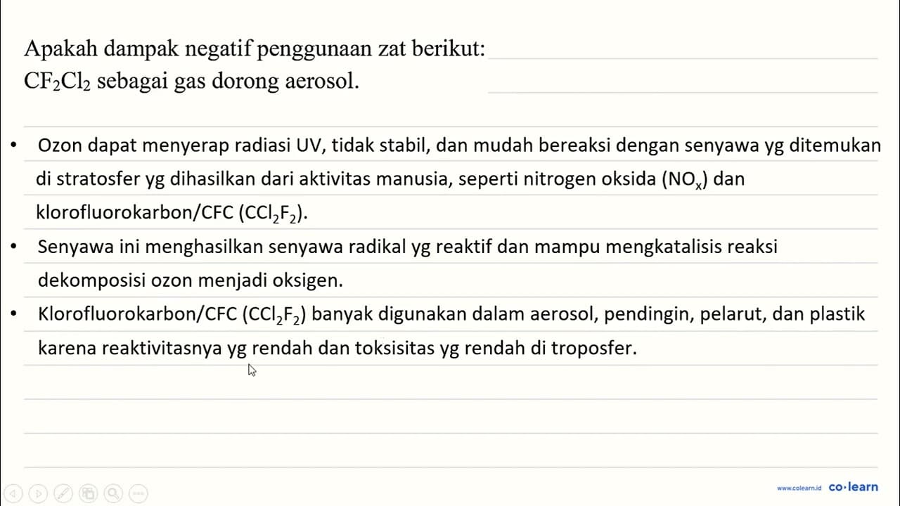 Apakah dampak negatif penggunaan zat berikut: CF_(2) Cl_(2)