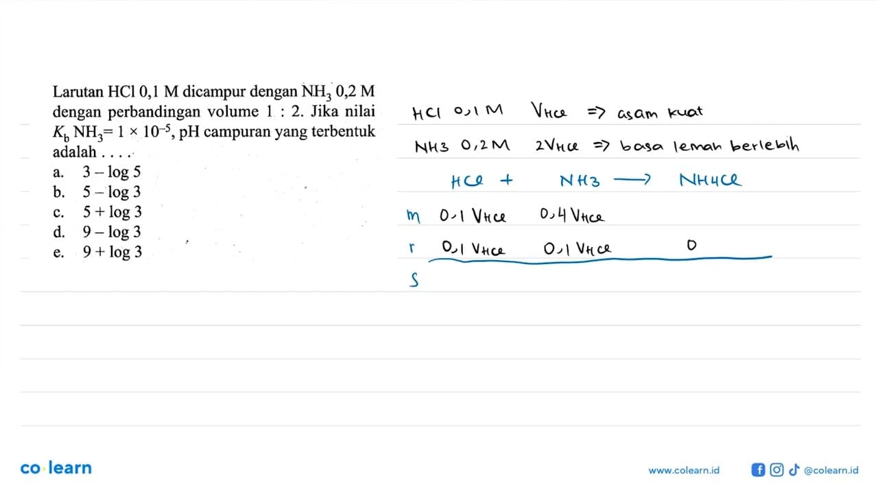 Larutan HCl 0,1 M dicampur dengan NH3 0,2 M dengan