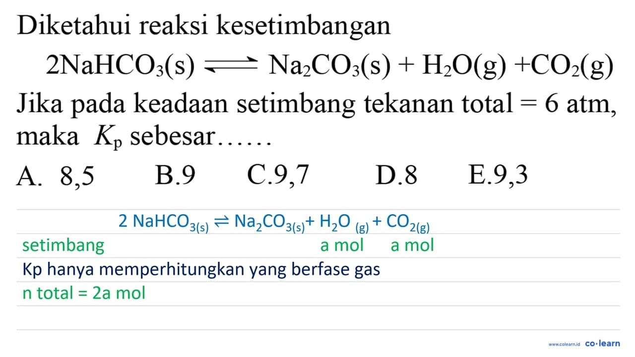 Diketahui reaksi kesetimbangan 2 NaHCO3(s) <--> Na2