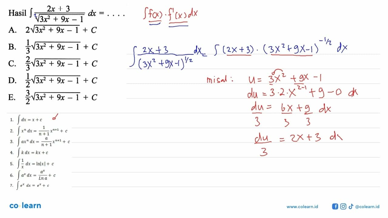 Hasil integral (2x+3)/akar(3x^2+9x-1) dx=....