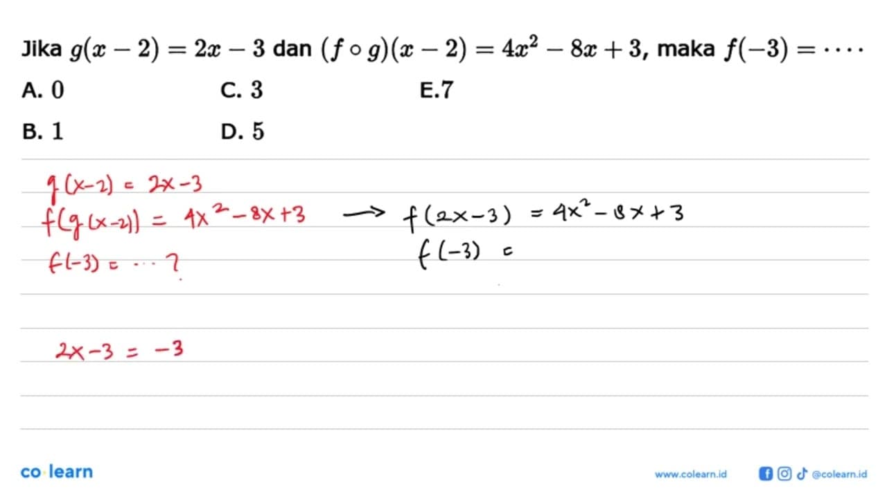 Jika g(x-2)=2x-3 dan (fog)(x-2)=4x^2-8x+3, maka f(-3)=..