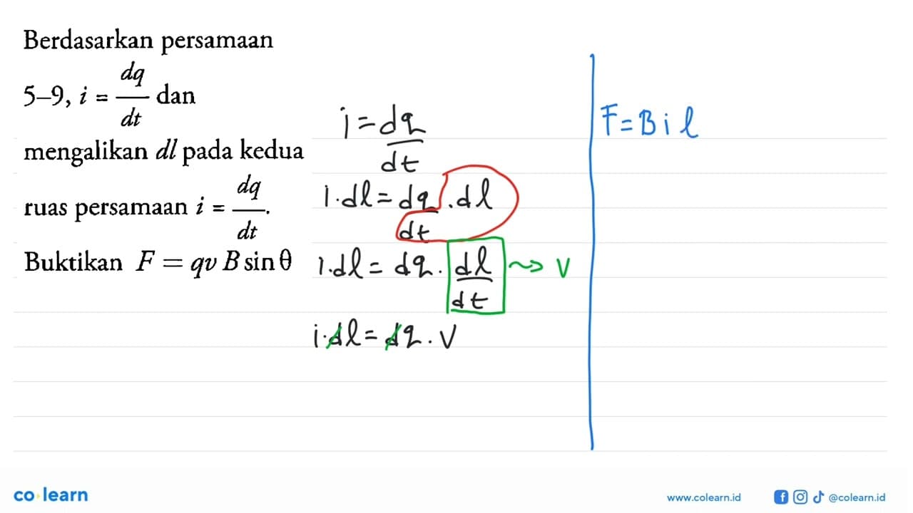 Berdasarkan persamaan 5 - 9, i = dq/dt dan mengalikan dl