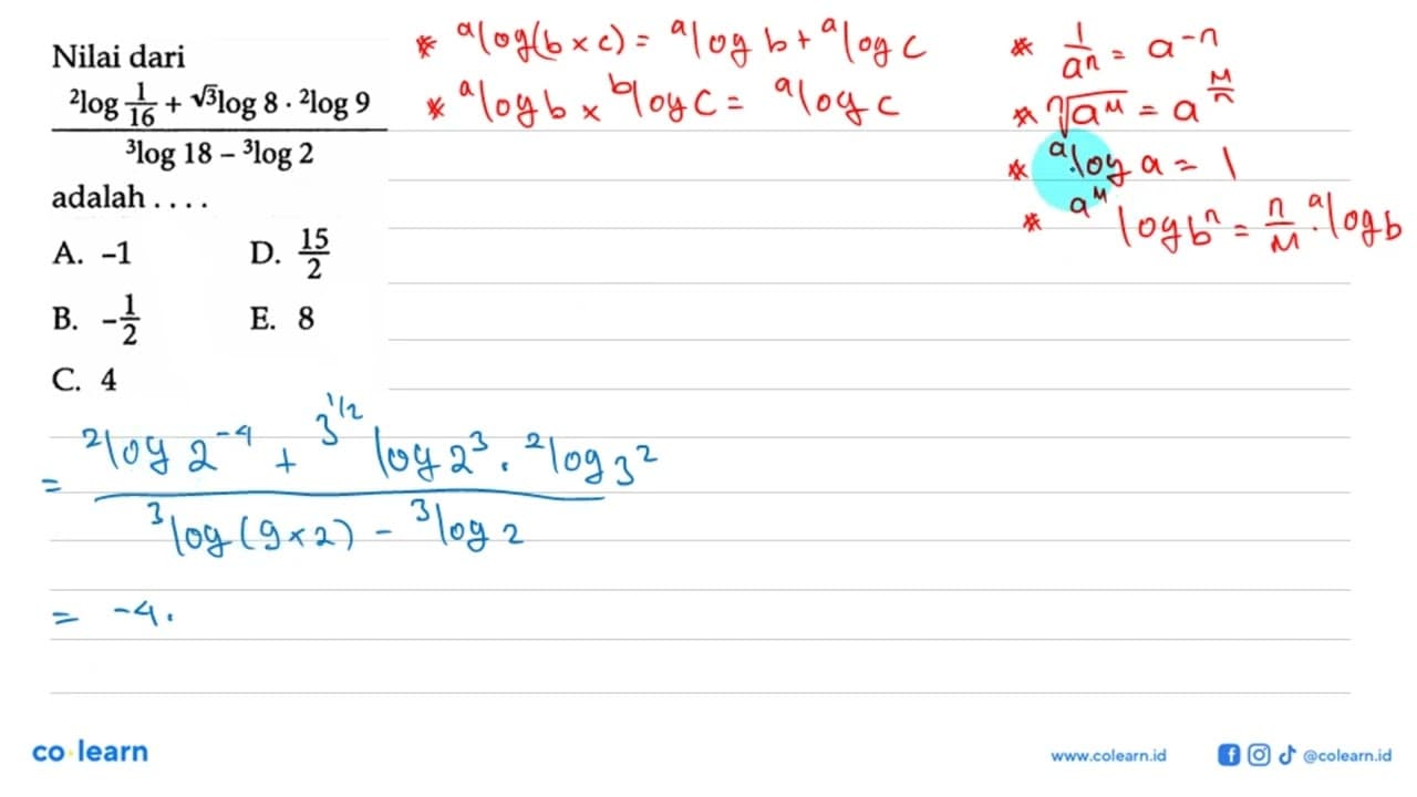 Nilai dari (2log(1/16)+akar(3)log8.2log9)/(3log18-3log2)