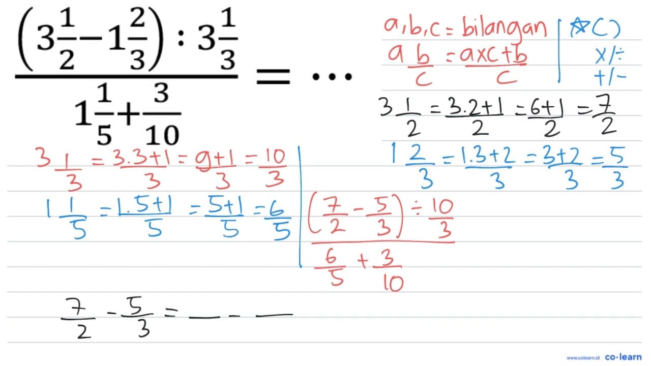 ((3 (1)/(2)-1 (2)/(3)): 3 (1)/(3))/(1 (1)/(5)+(3)/(10))=