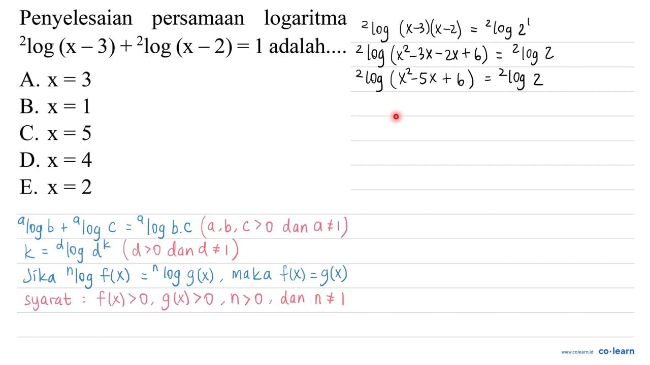 Penyelesaian persamaan logaritma 2log(x - 3) + 2log(x -