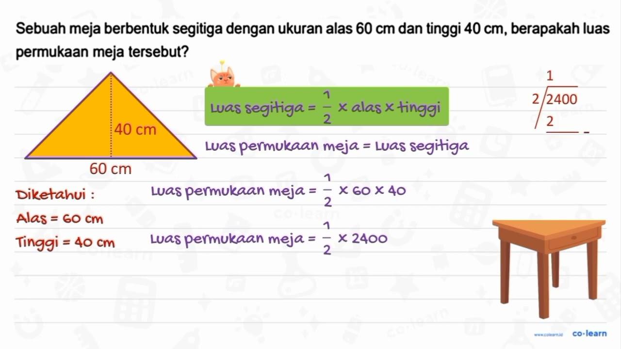 Sebuah meja berbentuk segitiga dengan ukuran alas 60 cm dan