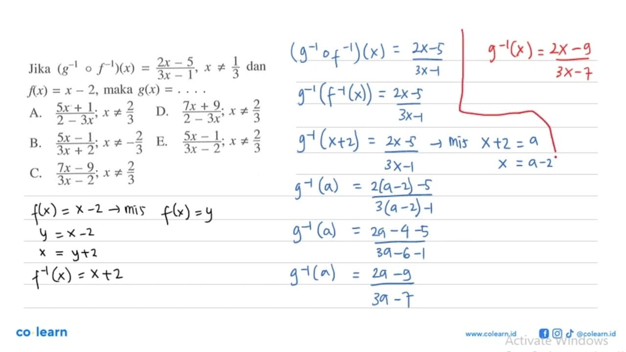 Jika (g^(-1)of^(-1))(x)=(2x-5)/(3x-1), x=/=1/3 dan