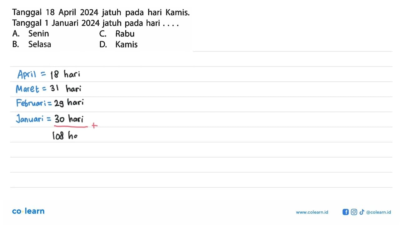 Tanggal 18 April 2024 jatuh pada hari Kamis. Tanggal 1