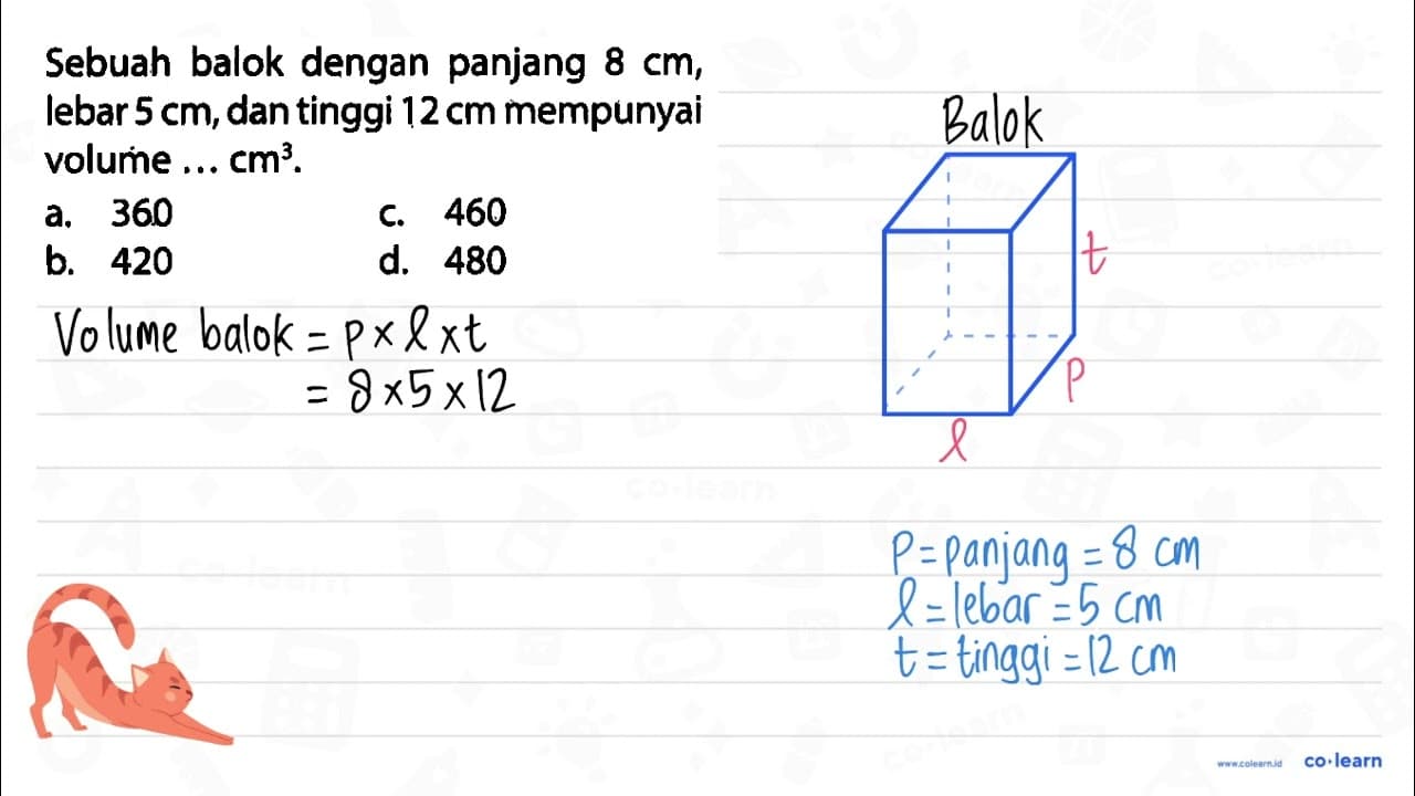 Sebuah balok dengan panjang 8 cm, lebar 5 cm , dan tinggi