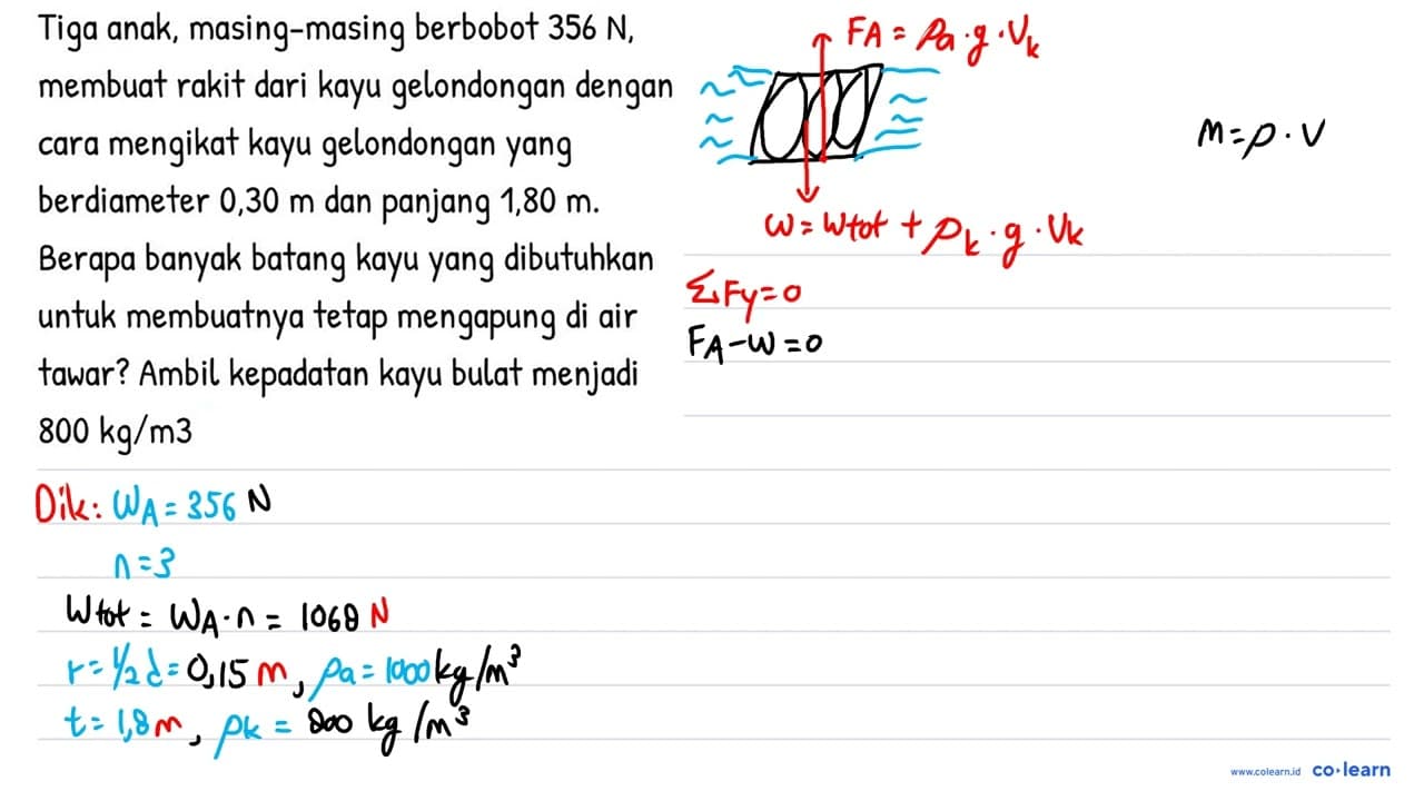 Tiga anak, masing-masing berbobot 356 ~N , membuat rakit