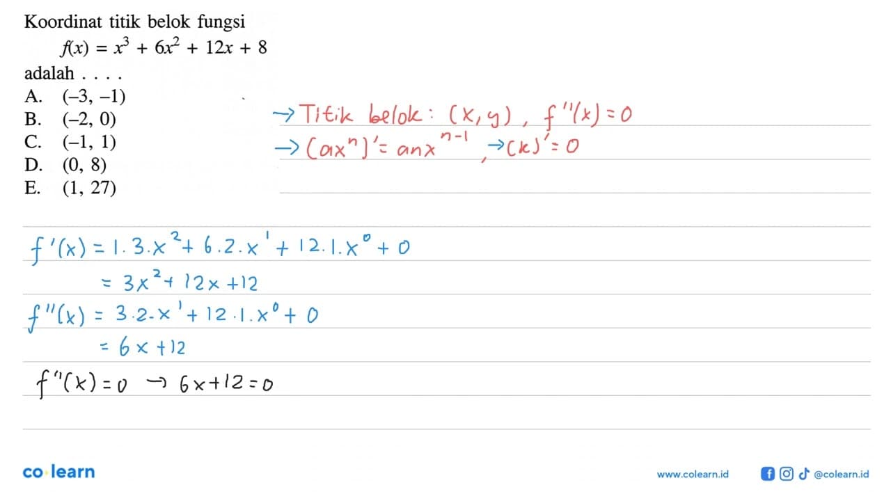 Koordinat titik belok fungsif(x)=x^3+6x^2+12x+8adalah ....