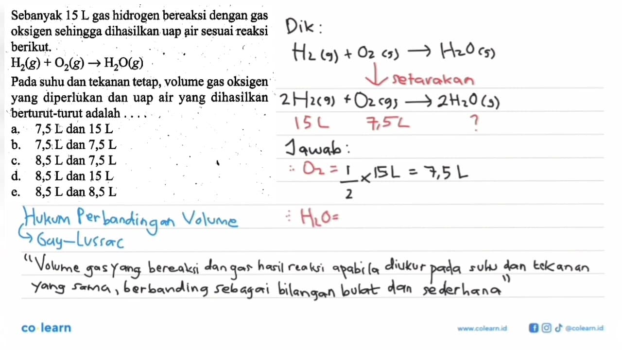 Sebanyak 15 L gas hidrogen bereaksi dengan gas oksigen