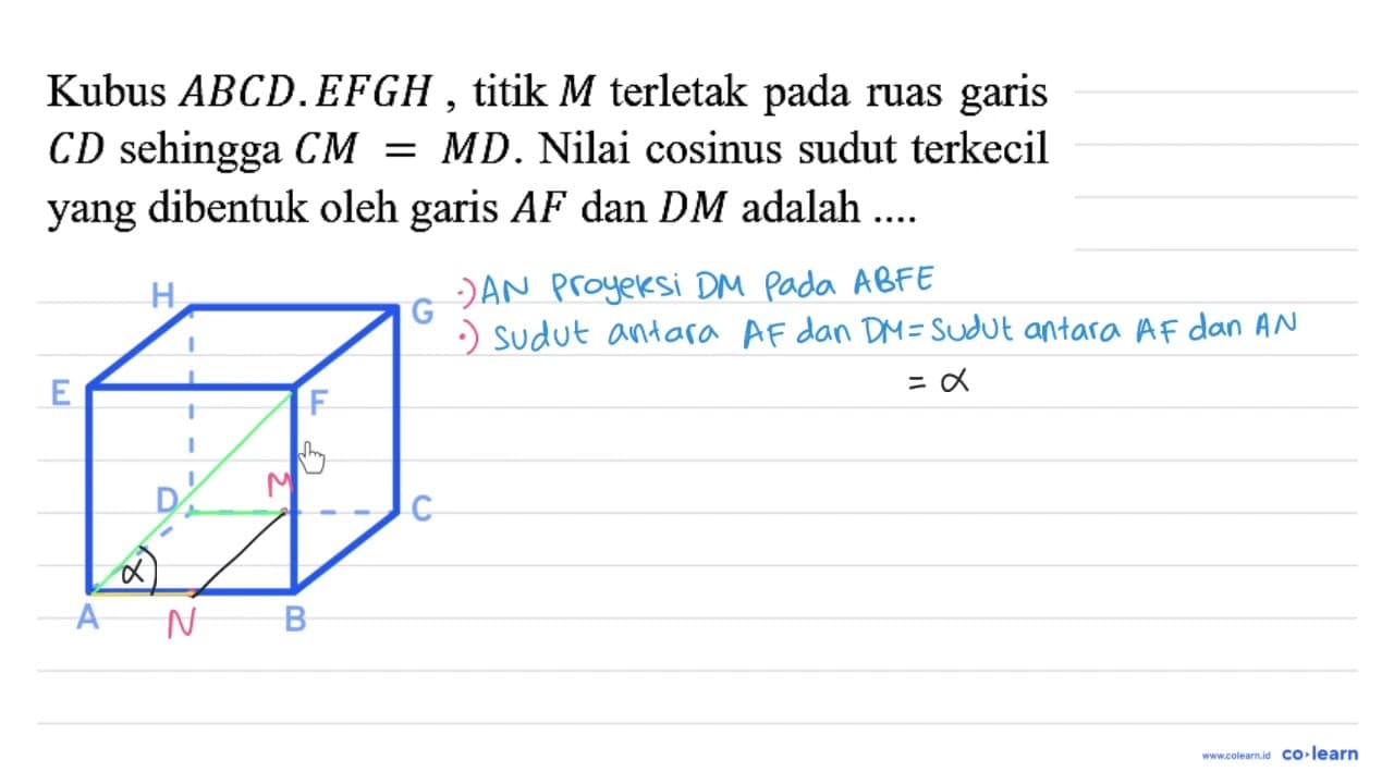 Kubus A B C D . E F G H , titik M terletak pada ruas garis