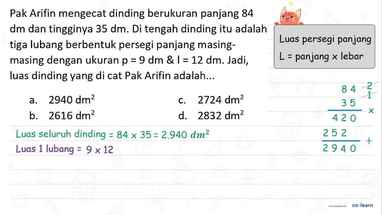 Pak Arifin mengecat dinding berukuran panjang 84 dm dan