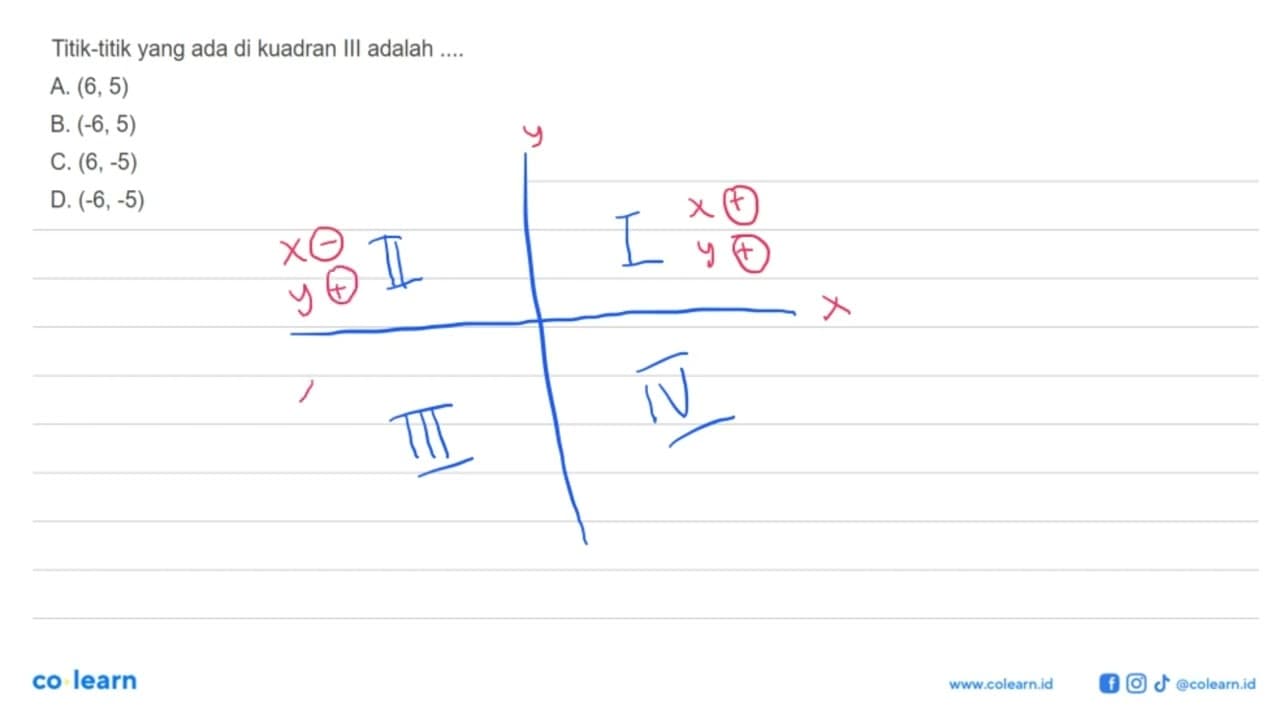 Titik-titik yang ada di kuadran III adalah ... a. (6,5) b.