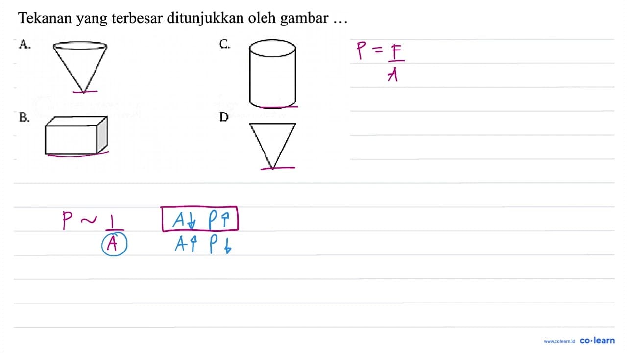 Tekanan yang terbesar ditunjukkan oleh gambar ... A. C. B.