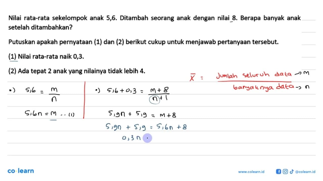 Nilai rata-rata sekelompok anak 5,6. Ditambah seorang anak