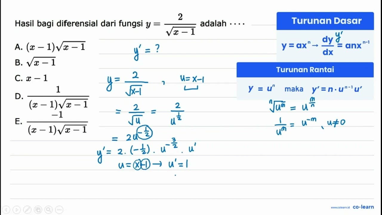 Hasil bagi diferensial dari fungsi y=(2/akar(x-1)) adalah