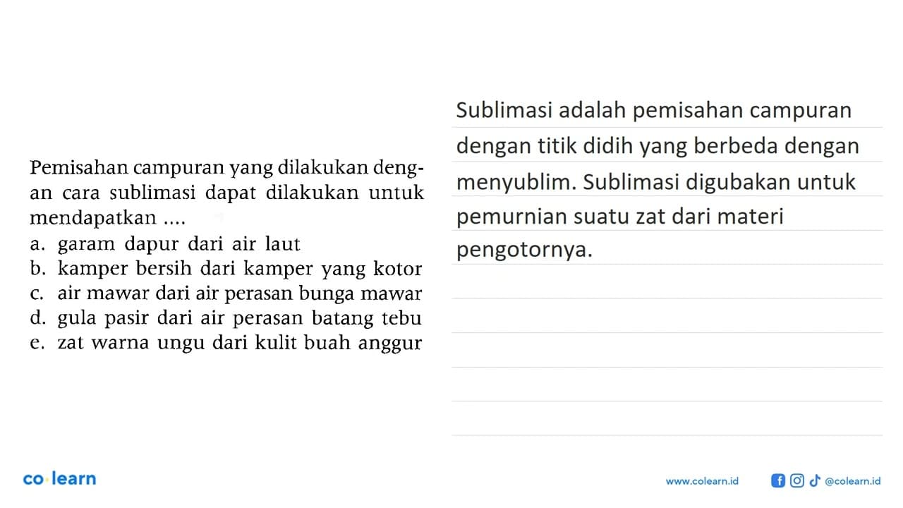 Pemisahan campuran yang dilakukan dengan cara sublimasi