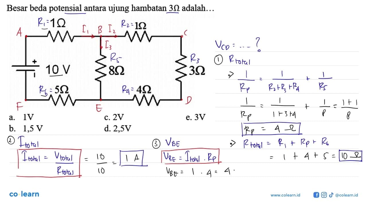 Besar beda potensial antara ujung hambatan 3 Ohm adalah...