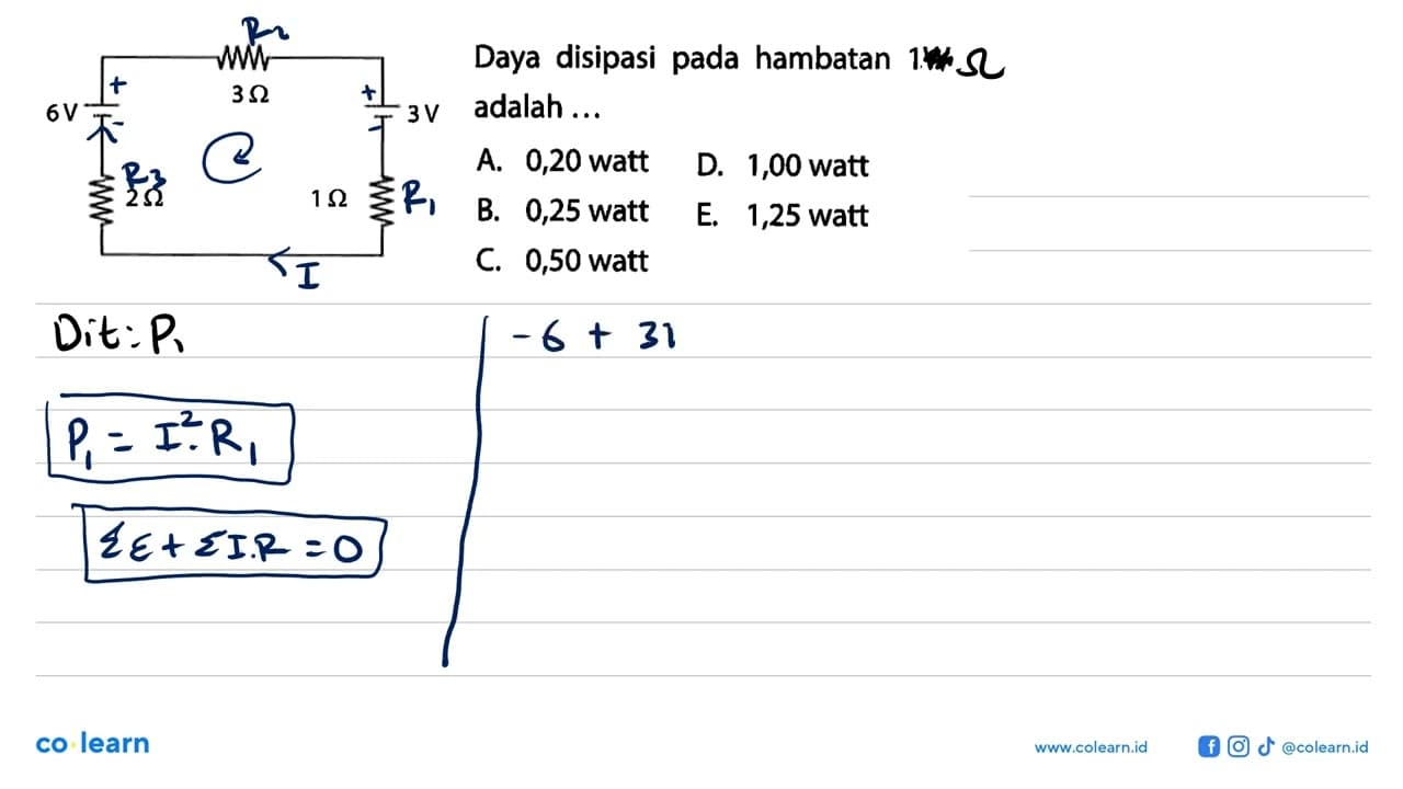 Daya disipasi pada hambatan 1W adalah... 6 V 3 ohm 3 V 2