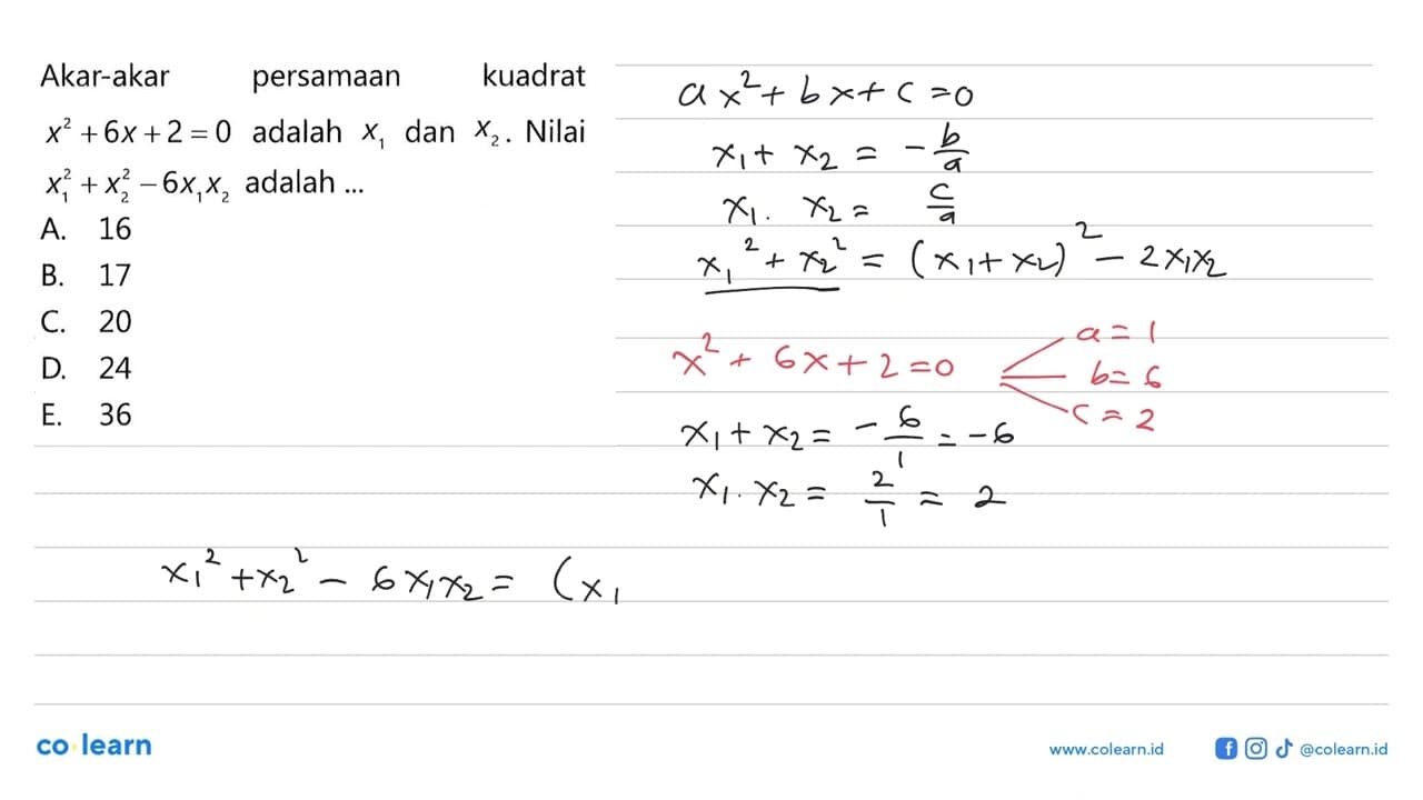 Akar-akar persamaan kuadrat x^2 +6x+2 = 0 adalah X1 dan X2.