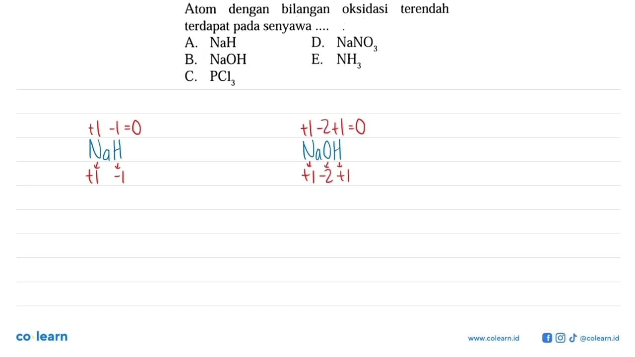 Atom dengan bilangan oksidasi terendah terdapat pada