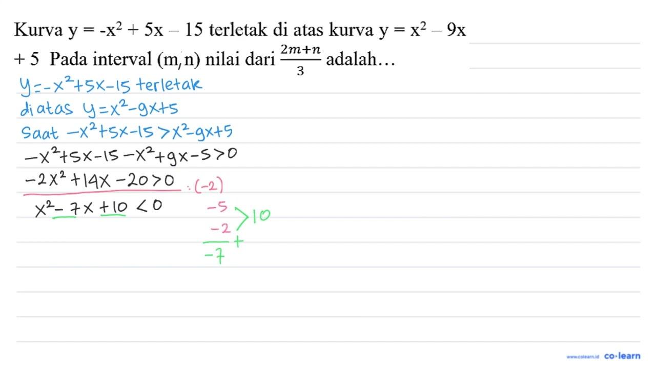 Kurva y=-x^(2)+5 x-15 terletak di atas kurva y=x^(2)-9 x +5