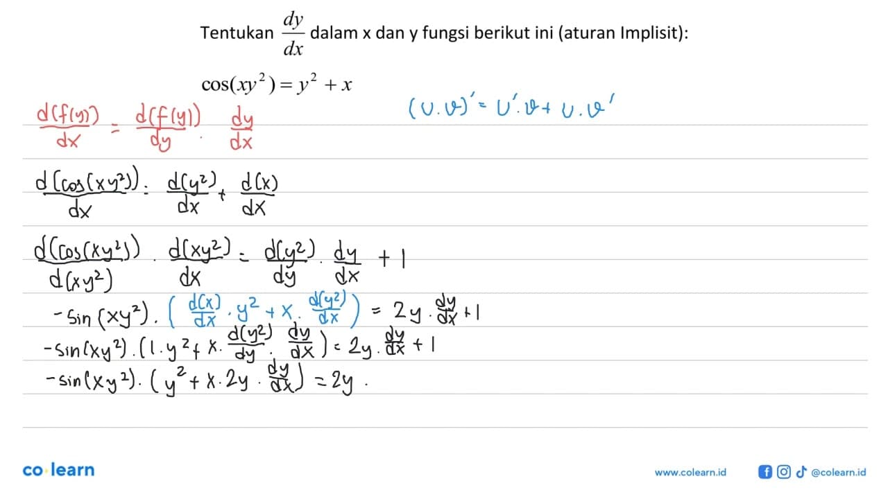 Tentukan dy/dx dalam x dan y fungsi berikut ini (aturan