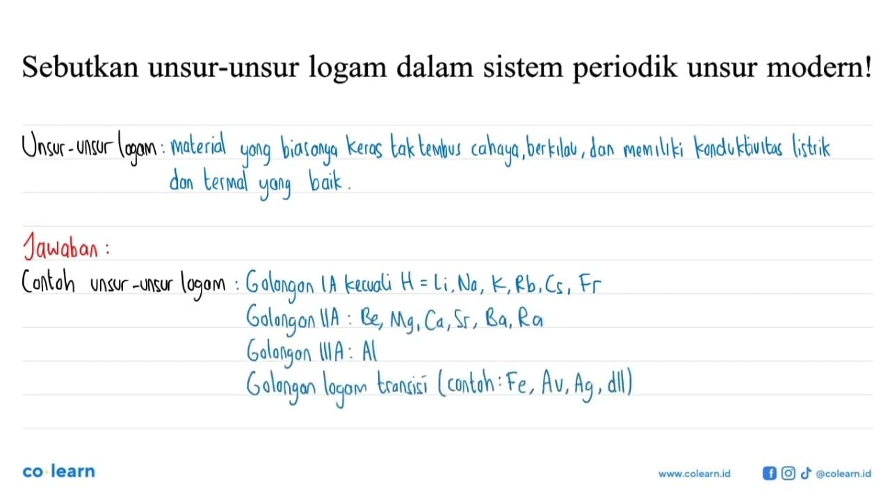 Sebutkan unsur-unsur logam dalam sistem periodik unsur